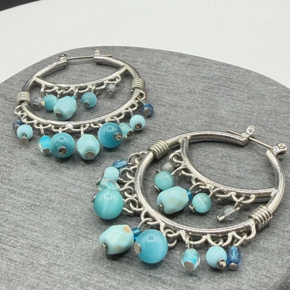 Silver Tone Turquoise Blue Beaded Chandelier Hoop Earrings Boho Statement Gift
